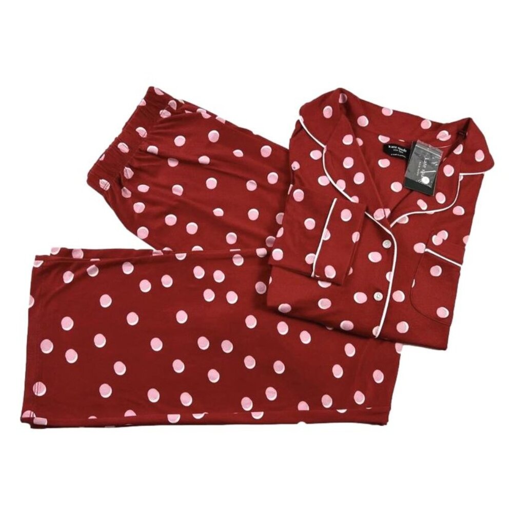 Kate Spade New York Women's Medium 2PC Notch Pajama Set Jersey Red Pink Dot